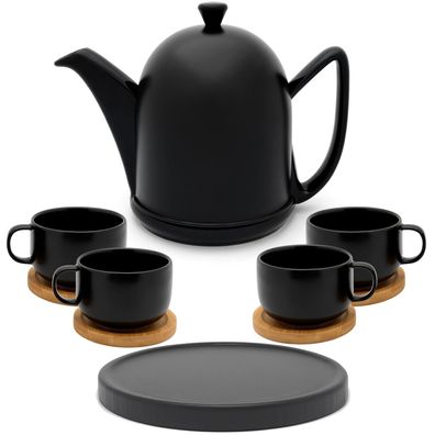 Teekanne 1 L schwarz matt Keramik 4 Teetassen-Untersetzer 10tlg. Kannenuntersatz