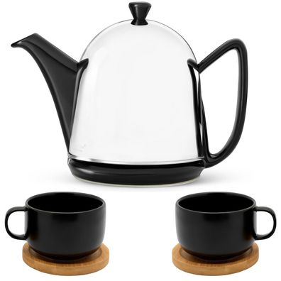 Schwarze Teekanne 1 Liter glänzend Keramik mit 2 Teetassen & 2 Untersetzer 5tlg.