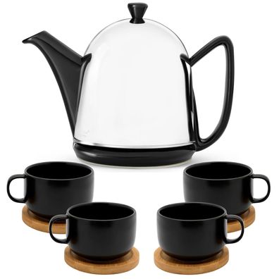 Schwarze Teekanne 1 Liter glänzend Keramik mit 4 Teetassen & 4 Untersetzer 9tlg.