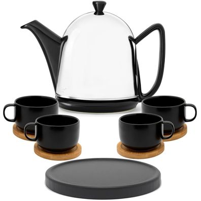 Teekanne 1 L schwarz glänzend Keramik Tassen Untersetzer 10tlg Kannenuntersetzer