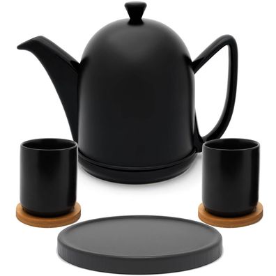 Teekanne 1 L schwarz matt Keramik 2 Becher & Untersetzer 6tlg. Kannenuntersetzer