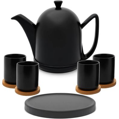 Teekanne 1 L schwarz matt Keramik 4 Becher & Untersetzer 10tlg Kannenuntersetzer