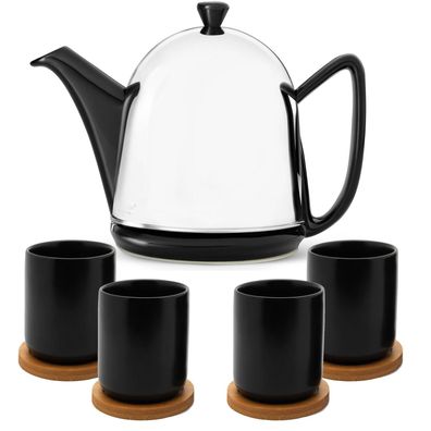 Schwarze Teekanne 1 Liter Keramik glänzend 9tlg. mit 4 Teebecher & 4 Untersetzer