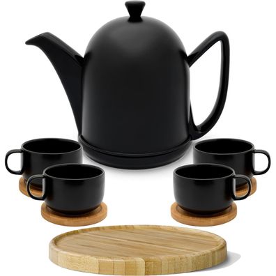 Teekanne 1L matt schwarz Keramik 4 Teetassen Untersetzer 10tlg Kannenuntersetzer