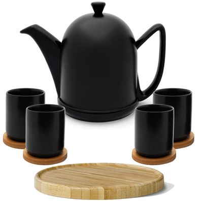 Teekanne schwarz 1 L matt Keramik 4 Teebecher Untersetzer 10tlg. Kannenuntersatz