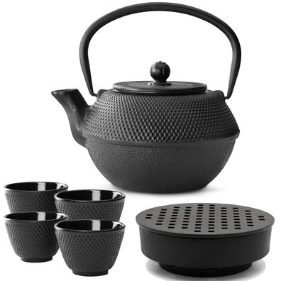 Asiatisches Tee Set Gusseisen 1.1 L Teekessel Teewärmer & Stövchen & 4 Teebecher