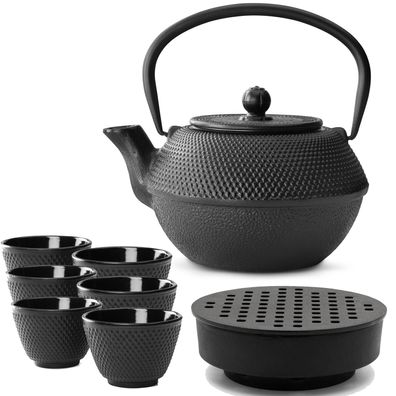 Asiatisches Tee Set Gusseisen 1.1 L Teekessel Teewärmer & Stövchen & 6 Teebecher