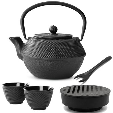 Gusseisen Tee Set 1.1 L asiatisch mit Guss-Stövchen & 2 Tee-Becher & Deckelheber