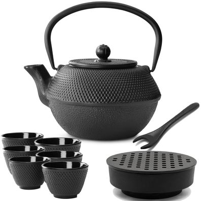 Gusseisen Tee Set 1.1 L asiatisch mit Guss-Stövchen & 6 Tee-Becher & Deckelheber
