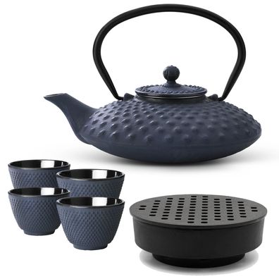 Asiatisches Gusseisen Tee Set blau 0.8 L Teebereiter mit Stövchen & 4 Tee-Becher