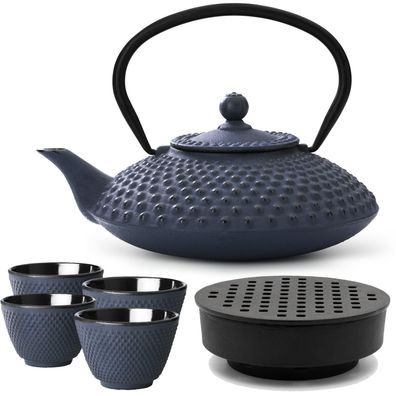 Asiatisches Gusseisen Tee Set blau 1.25 L Teebereiter mit Stövchen & 4 Teebecher