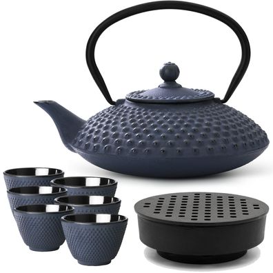 Asiatisches Gusseisen Tee Set blau 1.25 L Teebereiter mit Stövchen & 6 Teebecher