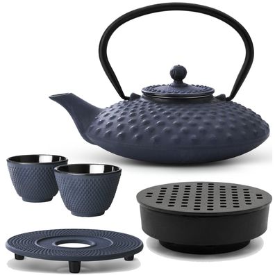 Asiatisches Gusseisen Tee Set blau 0.8 L Kanne mit Wärmer 2 Becher & Untersetzer