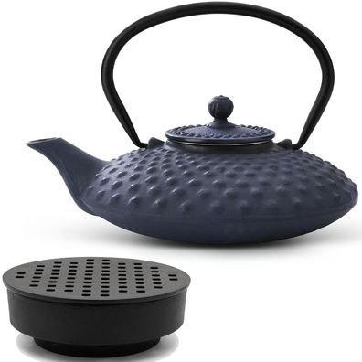 Asiatisches Gusseisen Tee Set blau 0.8 Liter Teekessel Teebereiter mit Stövchen