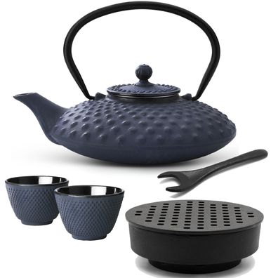 Gusseisen Tee Set blau 0.8 L Teebereiter mit Stövchen 2 Tee-Becher & Deckelheber