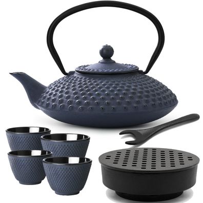 Asia Gusseisen Tee Set blau 1.25 L Kanne mit Stövchen 4 Teebecher & Deckelheber