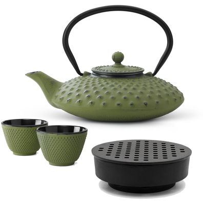 Asiatisches Gusseisen Tee Set grün 0.8 L Teebereiter mit Stövchen & 2 Tee-Becher