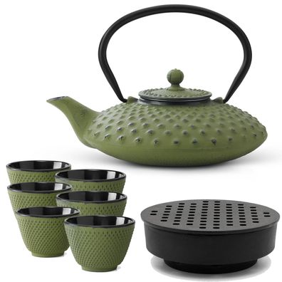 Asiatisches Gusseisen Tee Set grün 0.8 L Teebereiter mit Stövchen & 6 Tee-Becher