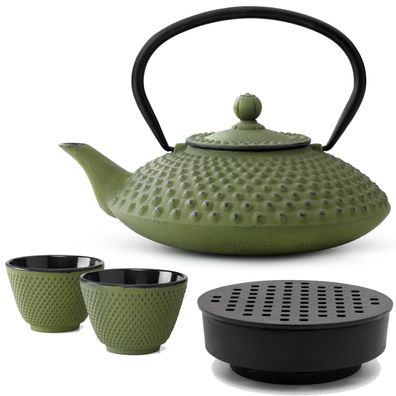 Asiatisches Gusseisen Tee Set grün 1.25 L Teebereiter mit Stövchen & 2 Teebecher