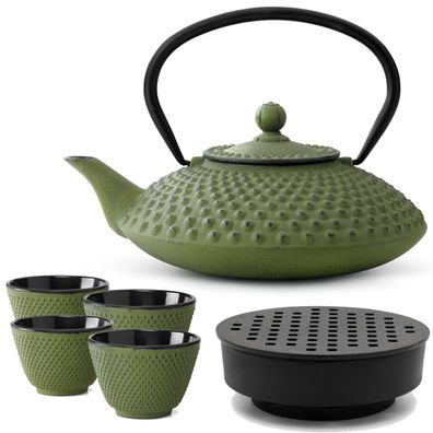 Asiatisches Gusseisen Tee Set grün 1.25 L Teebereiter mit Stövchen & 4 Teebecher