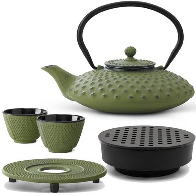 Asiatisches Gusseisen Tee Set grün 0.8 L Kanne mit Wärmer 2 Becher & Untersetzer