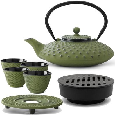 Asiatisches Gusseisen Tee Set grün 0.8 L Kanne mit Wärmer 4 Becher & Untersetzer