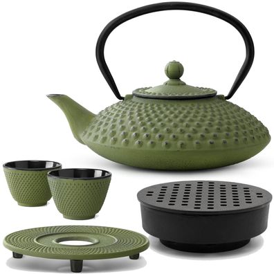 Gusseisen Tee Set grün 1.25 Liter Kanne mit Stövchen & 2 Teebecher & Untersetzer