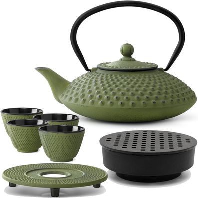 Gusseisen Tee Set grün 1.25 Liter Kanne mit Stövchen & 4 Teebecher & Untersetzer
