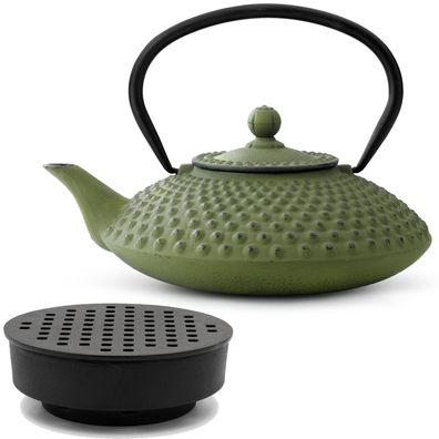 Asiatisches Gusseisen Tee Set grün 1.25 Liter Teekessel Teebereiter mit Stövchen