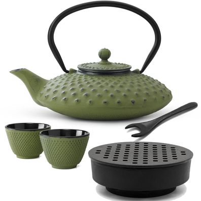 Gusseisen Tee Set grün 0.8 L Teebereiter mit Stövchen 2 Tee-Becher & Deckelheber