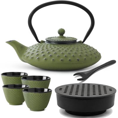 Gusseisen Tee Set grün 0.8 L Teebereiter mit Stövchen 4 Tee-Becher & Deckelheber