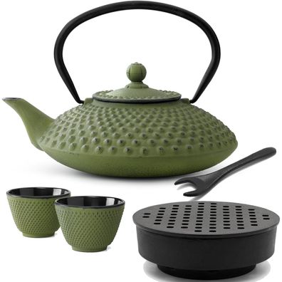 Asia Gusseisen Tee Set grün 1.25 L Kanne mit Stövchen 2 Teebecher & Deckelheber