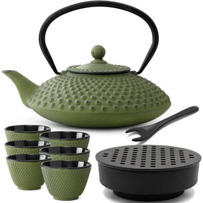 Asia Gusseisen Tee Set grün 1.25 L Kanne mit Stövchen 6 Teebecher & Deckelheber
