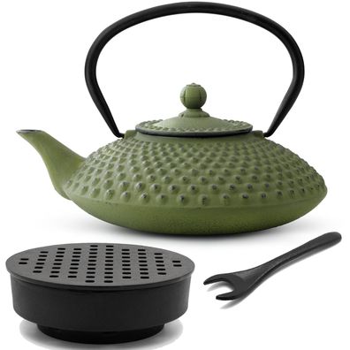 Asiatisches Gusseisen Tee Set grün 1.25 L Teebereiter mit Stövchen & Deckelheber