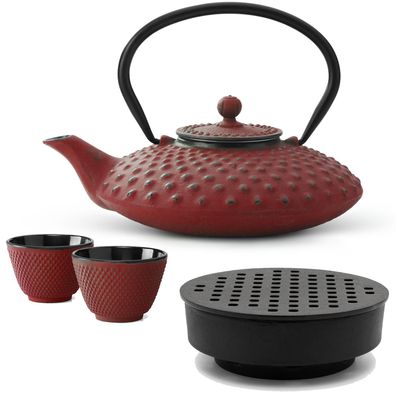 Asiatisches Gusseisen Tee Set rot 0.8 L Teebereiter mit Stövchen & 2 Tee-Becher