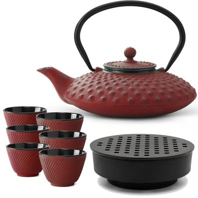 Asiatisches Gusseisen Tee Set rot 0.8 L Teebereiter mit Stövchen & 6 Tee-Becher