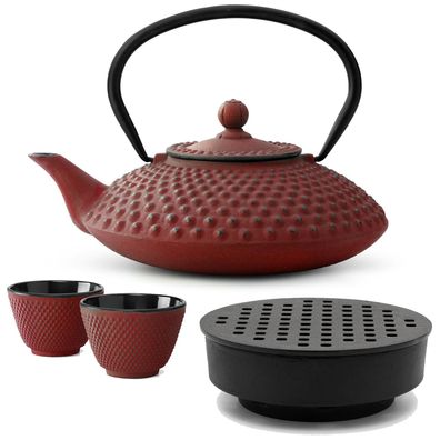 Asiatisches Gusseisen Tee Set rot 1.25 L Teebereiter mit Stövchen & 2 Teebecher