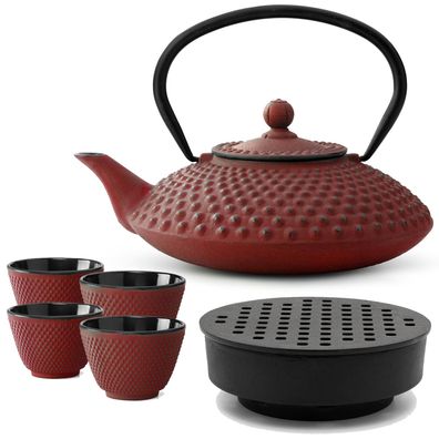 Asiatisches Gusseisen Tee Set rot 1.25 L Teebereiter mit Stövchen & 4 Teebecher
