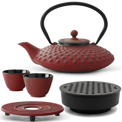 Asiatisches Gusseisen Tee Set rot 0.8 L Kanne mit Wärmer 2 Becher & Untersetzer
