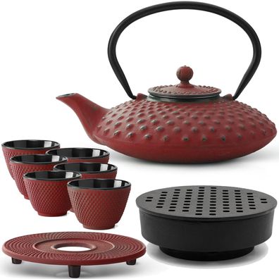 Asiatisches Gusseisen Tee Set rot 0.8 L Kanne mit Wärmer 6 Becher & Untersetzer