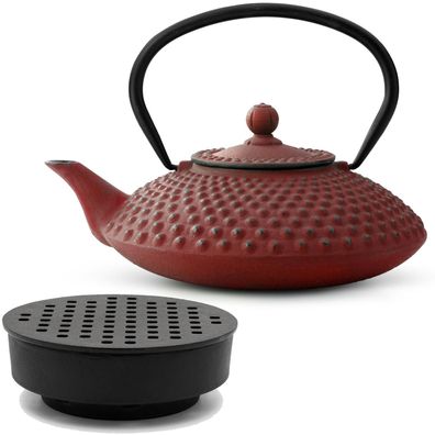 Asiatisches Gusseisen Tee Set rot 1.25 Liter Teekessel Teebereiter mit Stövchen