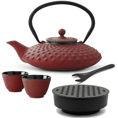 Gusseisen Tee Set rot 0.8 L Teebereiter mit Stövchen 2 Tee-Becher & Deckelheber