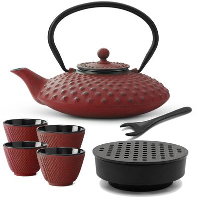 Gusseisen Tee Set rot 0.8 L Teebereiter mit Stövchen 4 Tee-Becher & Deckelheber