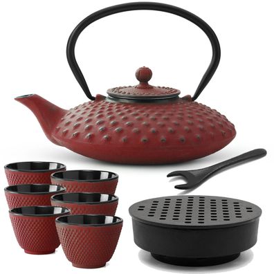 Gusseisen Tee Set rot 0.8 L Teebereiter mit Stövchen 6 Tee-Becher & Deckelheber