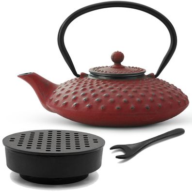 Asiatisches Gusseisen Tee Set rot 0.8 L Teebereiter mit Stövchen & Deckelheber