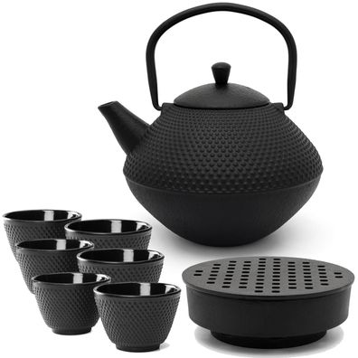 Asia Gusseisen Teekannen Set schwarz 1 Liter Teekessel mit Stövchen 6 Teebecher