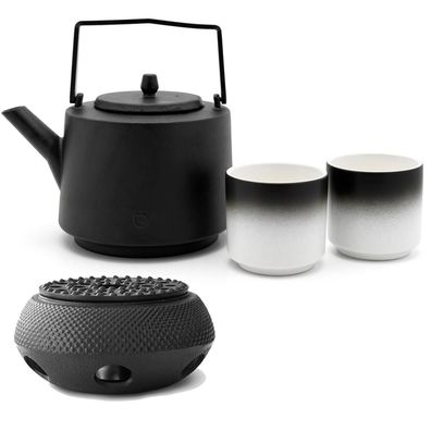 Asia Tee Set Gusseisen 1.2 Liter Teekanne mit Stövchen 2 Teebecher aus Porzellan