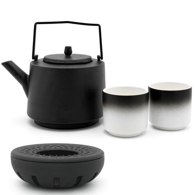 Asia Tee Set Gusseisen 1.2 Liter Teekanne mit Teewärmer & 2 Porzellan-Teebecher