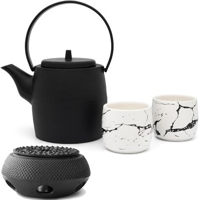 Tee Set 1.0 Liter Asia Gusseisen Teekanne mit Stövchen & 2 Porzellan-Teebecher