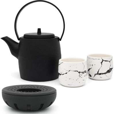 Tee Set 1.0 Liter Asia Teekanne Gusseisen mit Teewärmer & 2 Porzellan-Teebecher